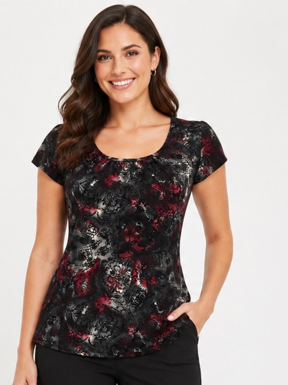 Fresh of LA Small Black Red Baroque Floral Stretch Short Sleeve Y2K Blouse Goth